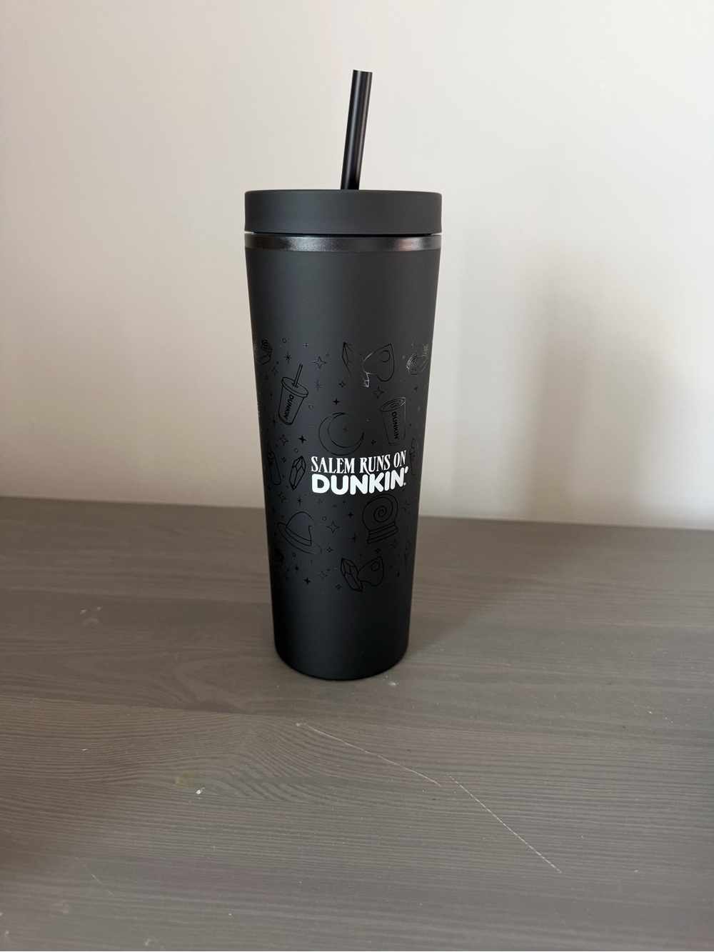 Black Salem Runs on Dunkin Insulated Travel Tumbler with Straw